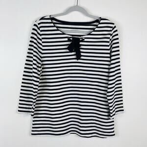 Talbots Size Large Striped Bow Detail Cotton Top Navy Blue White